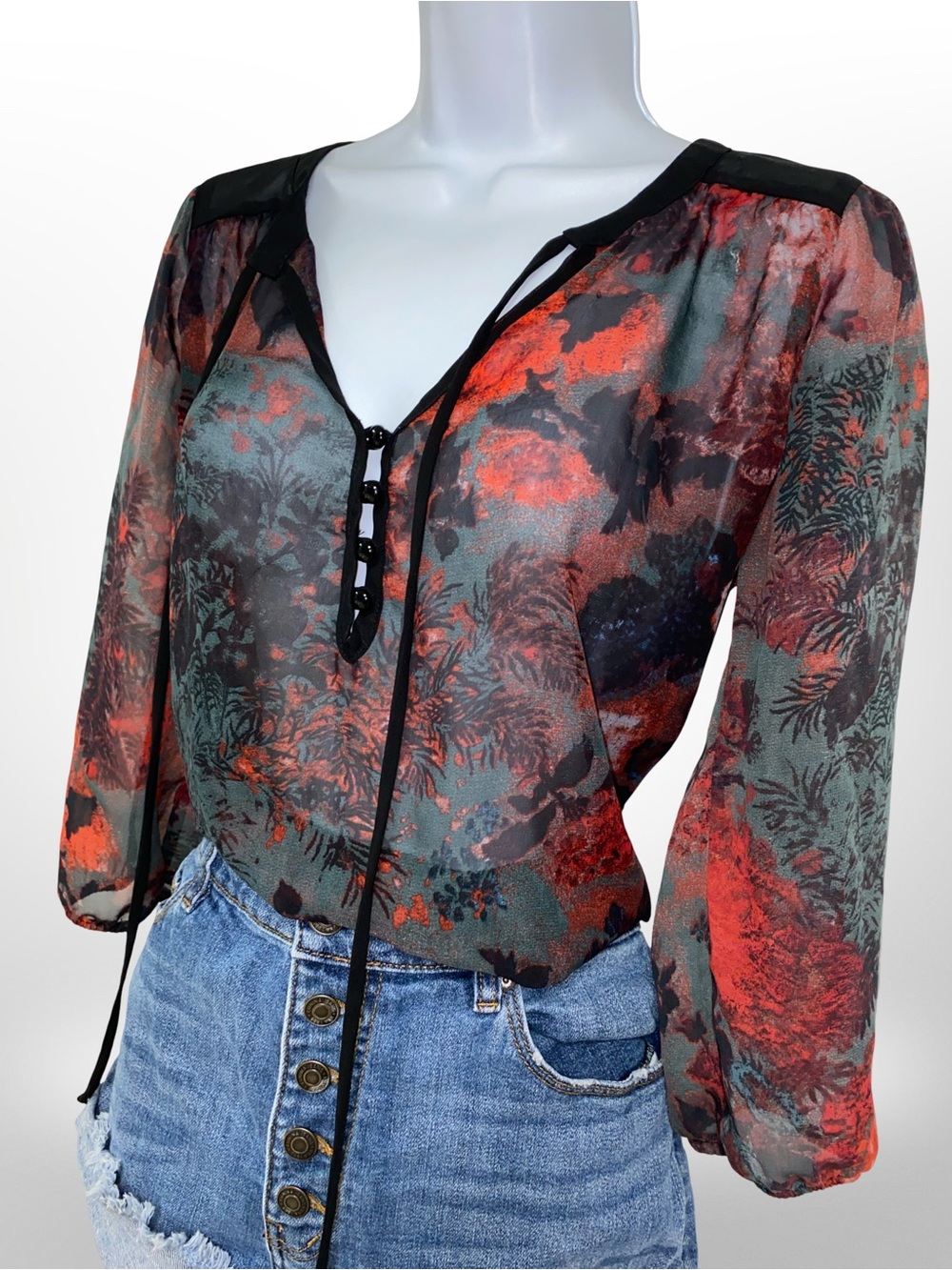 Lily Rose Sheer Botanical Tie-Front Blouse in Red and Gree